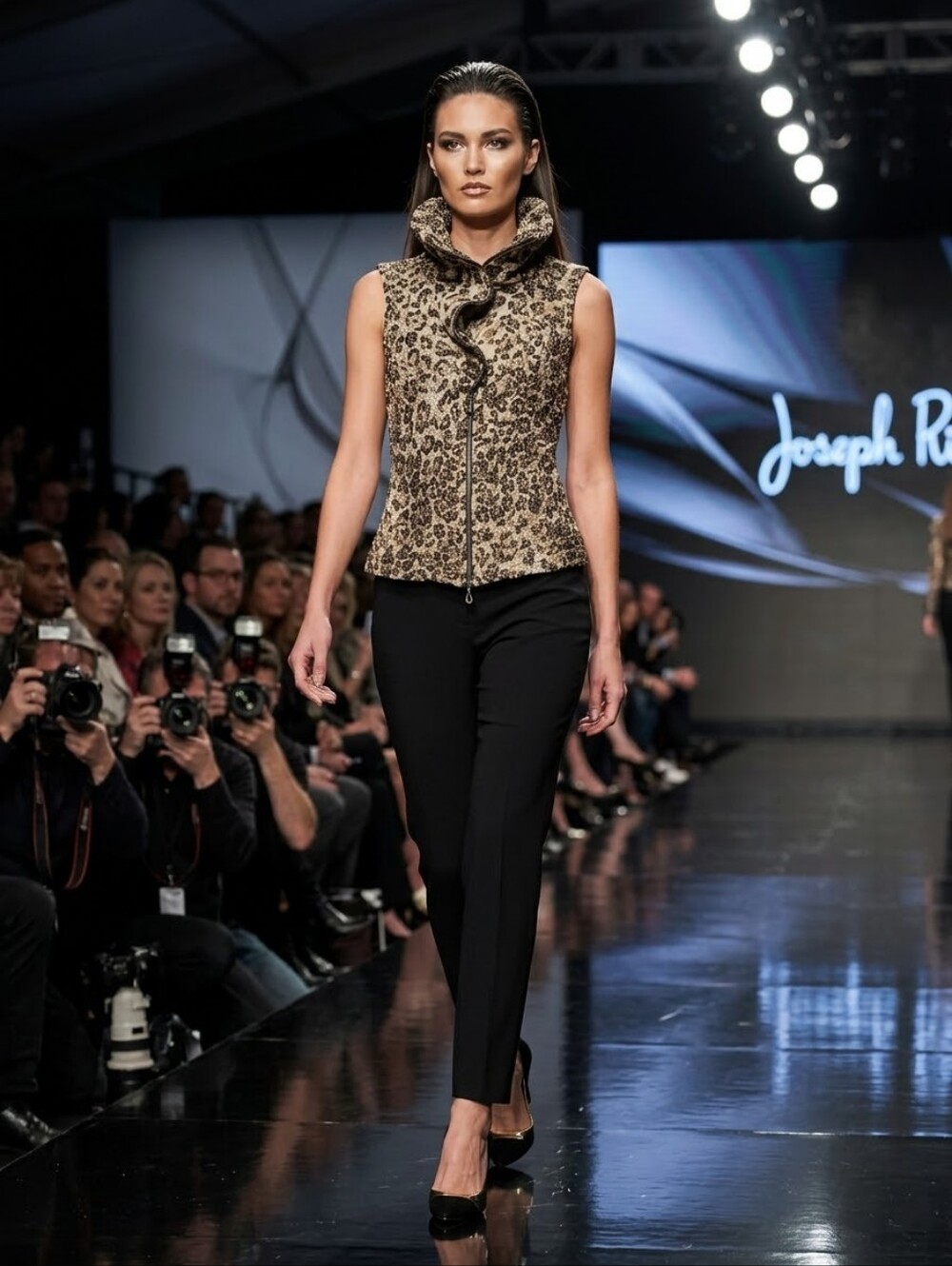 Joseph Ribkoff Leopard Sparkly Zip Vest in Gold and Black